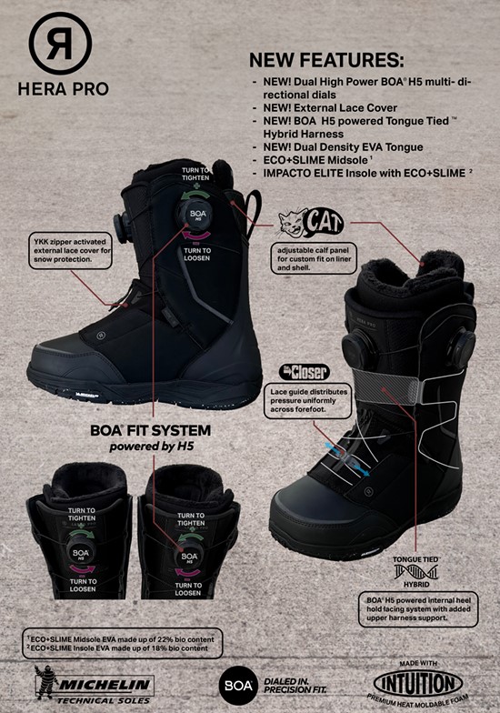 スクリーンショット 2026-05-13 131354 - SHOP NEWS | ムラサキスポーツオンラインストア 通販 Hera Pro snowboard boots with BOA fit system and dual lacing, shown from front and side with feature callouts on a textured backdrop.