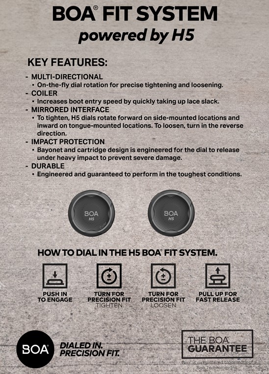 Infographic about BOA FIT SYSTEM powered by H5, listing features: multi-directional dial, cooler, mirrored interface, impact protection, durable, with two BOA H5 dials shown.