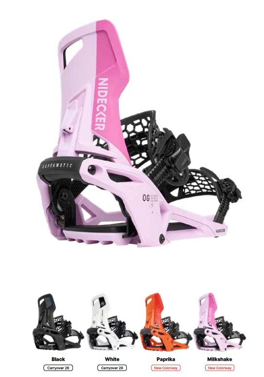 Pink Nidecker snowboard binding with highback and ratchet straps; other color options shown beneath.