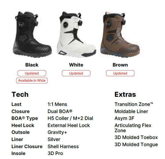 Product gallery of snowboard boots in Black, White, and Brown with 'Updated' and 'Available in Wide' tags below each boot
