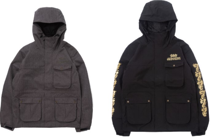 スクリーンショット 2026-05-20 160741 - SHOP NEWS | ムラサキスポーツオンラインストア 通販 Two hooded jackets shown side by side: a gray textured coat with four front pockets and a hood, and a black hooded jacket with gold sleeve embroidery and multiple pockets on the front.