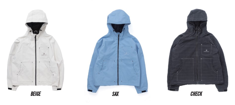 スクリーンショット 2026-05-20 163404 - SHOP NEWS | ムラサキスポーツオンラインストア 通販 Three hooded jackets in a row: beige, light blue (SAX), and dark checkered print (CHECK). Each jacket features front zip, multiple pockets, and adjustable cuffs.