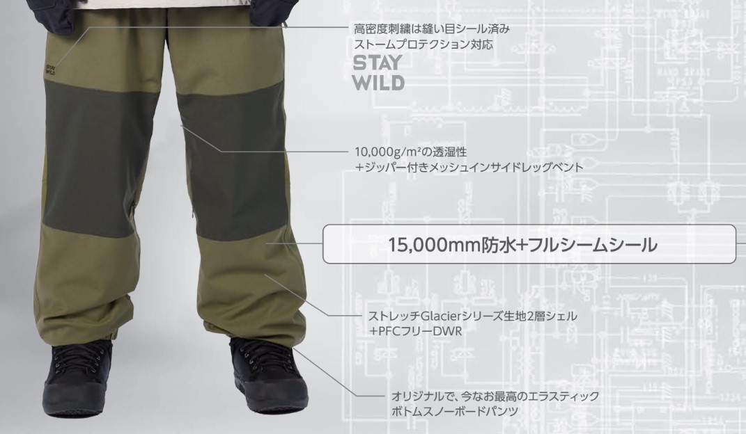 スクリーンショット 2026-05-27 155417 - SHOP NEWS | ムラサキスポーツオンラインストア 通販 Product feature illustration of outdoor pants: Stay Wild waterproof pants with 15,000 mm waterproof rating, fully sealed seams, stretch Glacier fabric, and reinforced bottom cuffs.