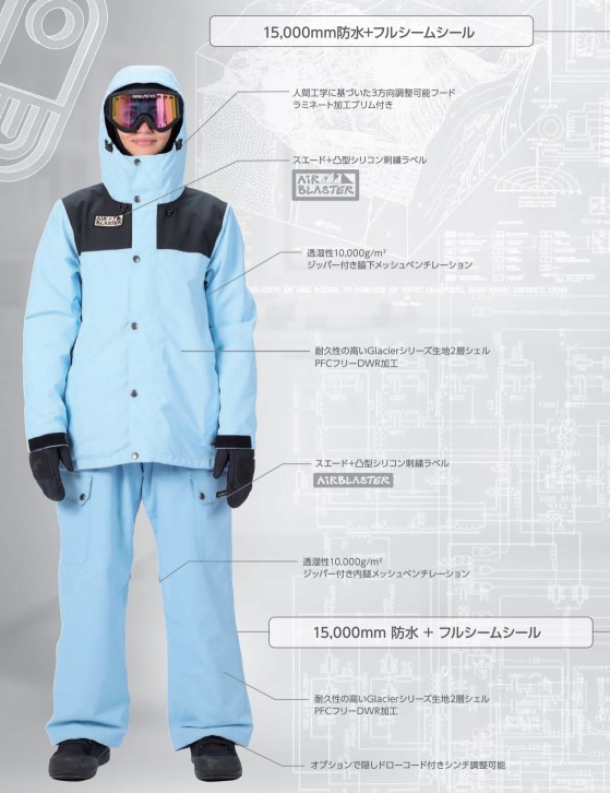 スクリーンショット 2026-05-27 174809 - SHOP NEWS | ムラサキスポーツオンラインストア 通販 Full-body view of a light-blue ski jacket and pants with hood, goggles, and gloves; image includes feature callouts over the suit materials and specs.