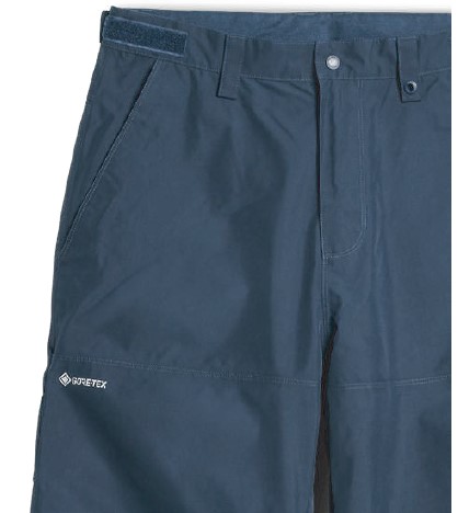 スクリーンショット 2026-05-30 195656 - SHOP NEWS | ムラサキスポーツオンラインストア 通販 Close-up of navy blue Gore-Tex outdoor pants at the waist showing belt loops, zipper fly, and side pocket with the Gore-Tex logo visible.