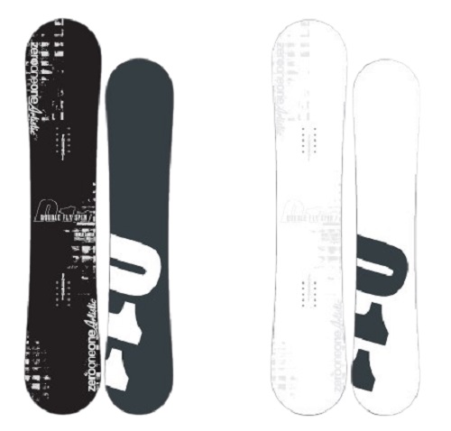 Two snowboards shown side by side, one dark with graphics and one light with graphics, displaying color options.