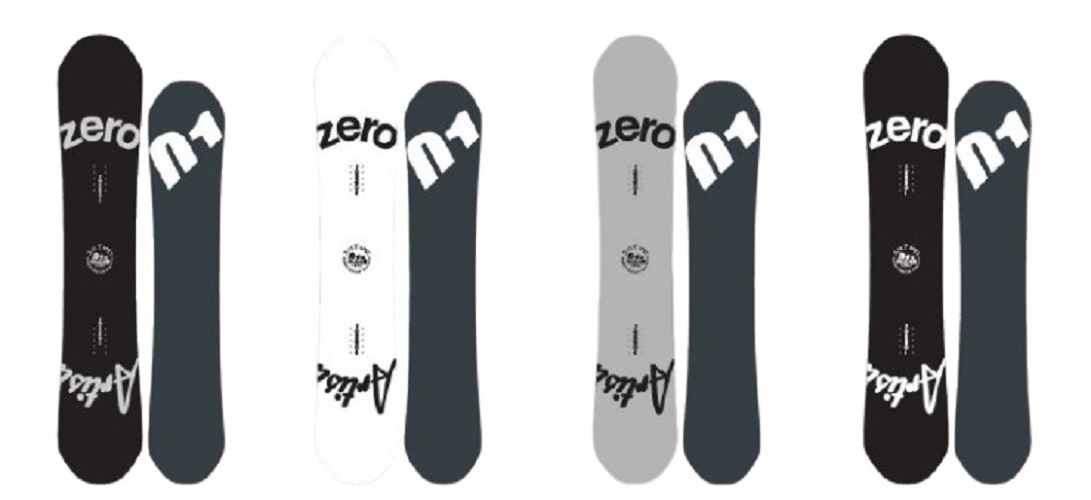 Four pairs of twin snowboards in different colorways, each pair shows a black/gray board with the 'zero' logo beside a dark blue-gray board