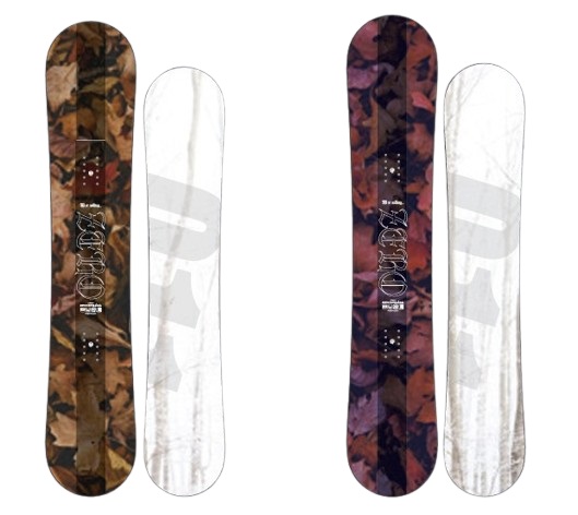 Two camo-pattern snowboards with white boards shown side by side on a white background, upright and pairing left brown camo and right purple camo.