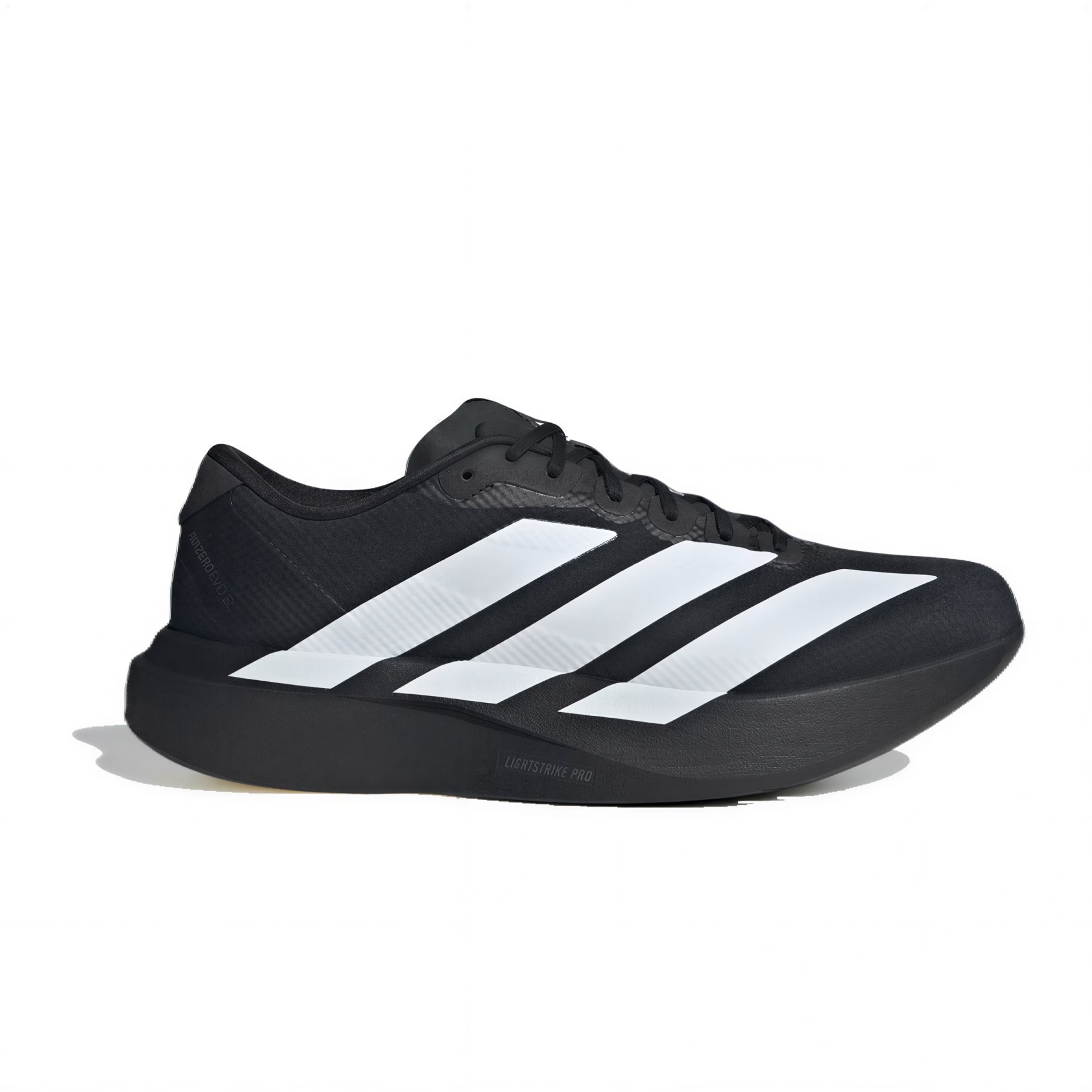 Black Adidas-style running shoe with three white stripes, side view (partial, lower portion visible).