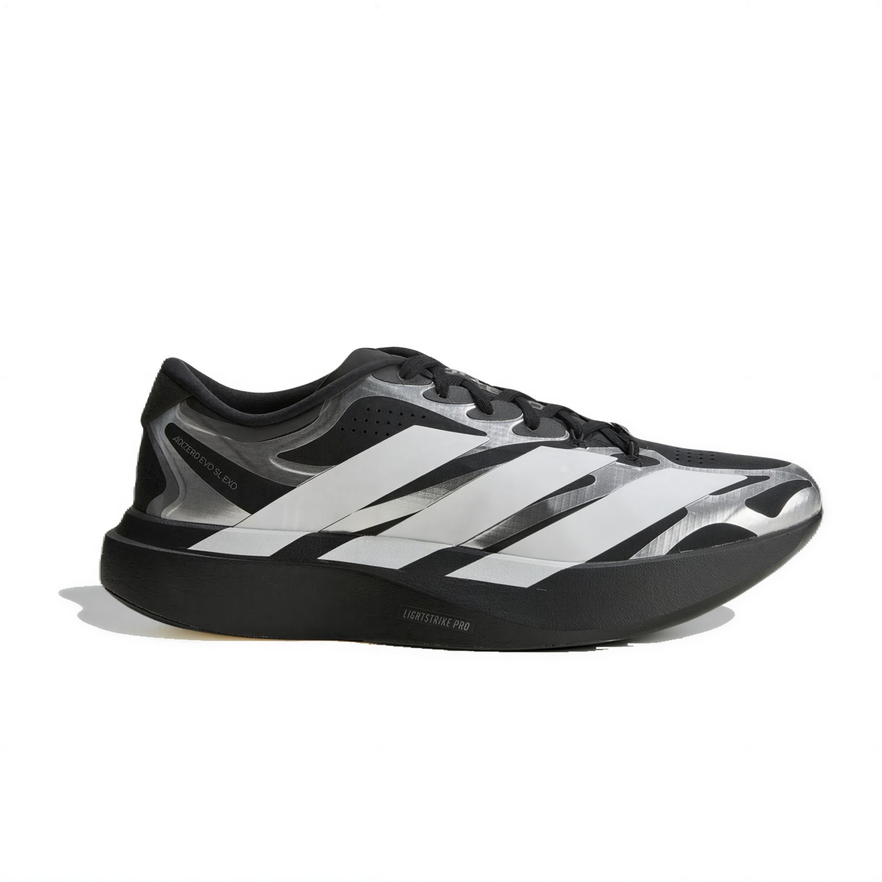 Side view of a gray and black running shoe with white stripes and a black sole, on white background.