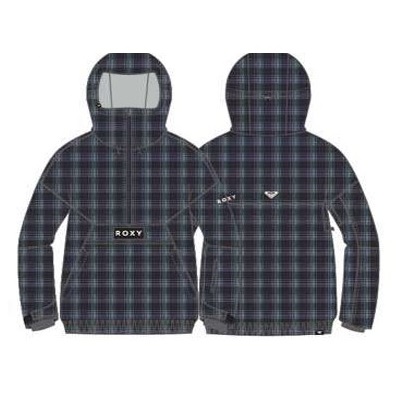Front and back views of a navy plaid hooded jacket with a front chest pocket labeled ROXY and a subtle back logo on the plaid fabric.