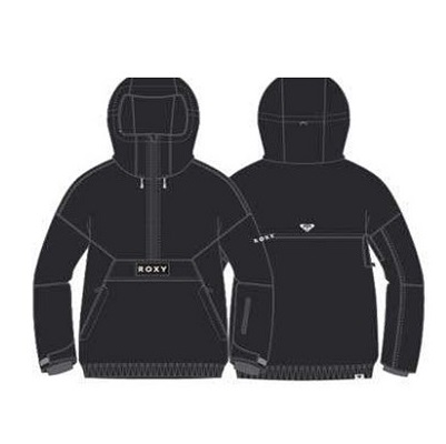 Front and back view of a black hooded zip-up jacket with drawstrings, chest ROXY logo, front pockets, and ribbed hem/ cuffs.