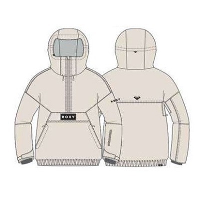 Beige padded hoodie jacket shown from front and back, with zipper, hood, front pocket, and ROXY label on the chest.