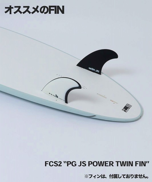BIG BARON SOFT 7 - SHOP NEWS | ムラサキスポーツオンラインストア 通販 Surfboard tail with two fins (black large and white small) labeled 'FCS2 PG JS POWER TWIN FIN' and Japanese text 'おすすめのFIN'.