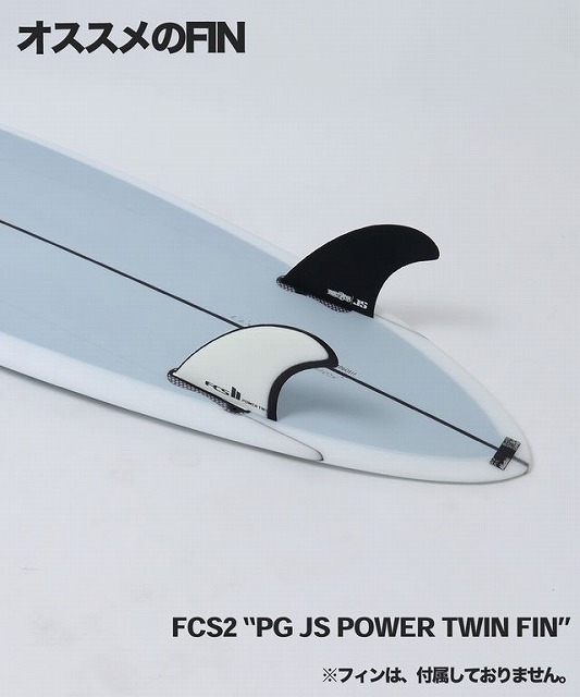 BIG BARON6 - SHOP NEWS | ムラサキスポーツオンラインストア 通販 Surfboard with two fins (black and white) mounted, with a heading in Japanese reading 'オススメのFIN' and the model 'FCS2 “PG JS POWER TWIN FIN”'.