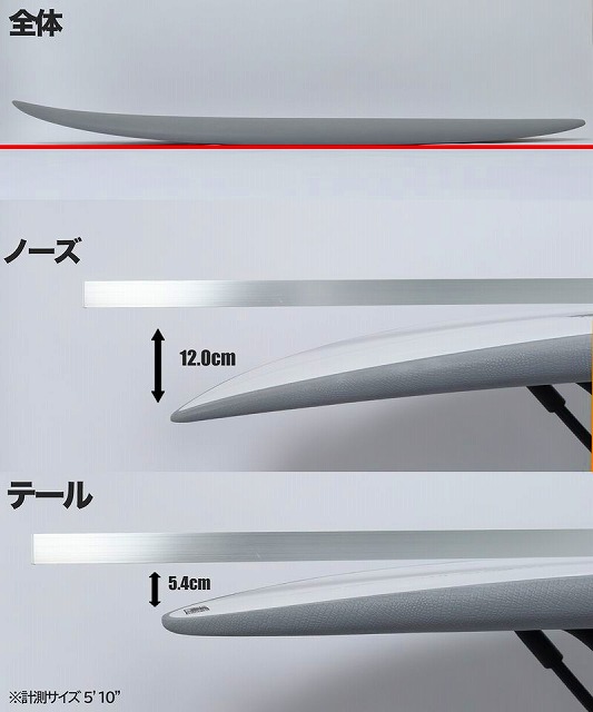 BULL RUN SOFT 6 - SHOP NEWS | ムラサキスポーツオンラインストア 通販 サーフボードの寸法ガイド。全体図とノーズが12.0cm、テールが5.4cmの厚さを示す。サイズは5'10"。