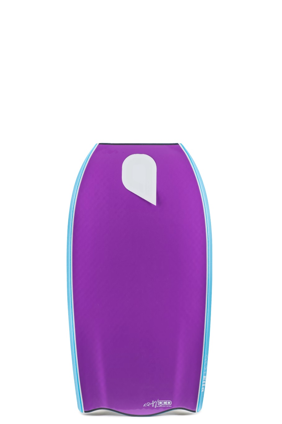 Purple bodyboard with light blue rails and a white logo plate near the top, shown against a white background