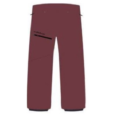 Illustration of maroon pants with a side patch and visible stitching detail on the left thigh.