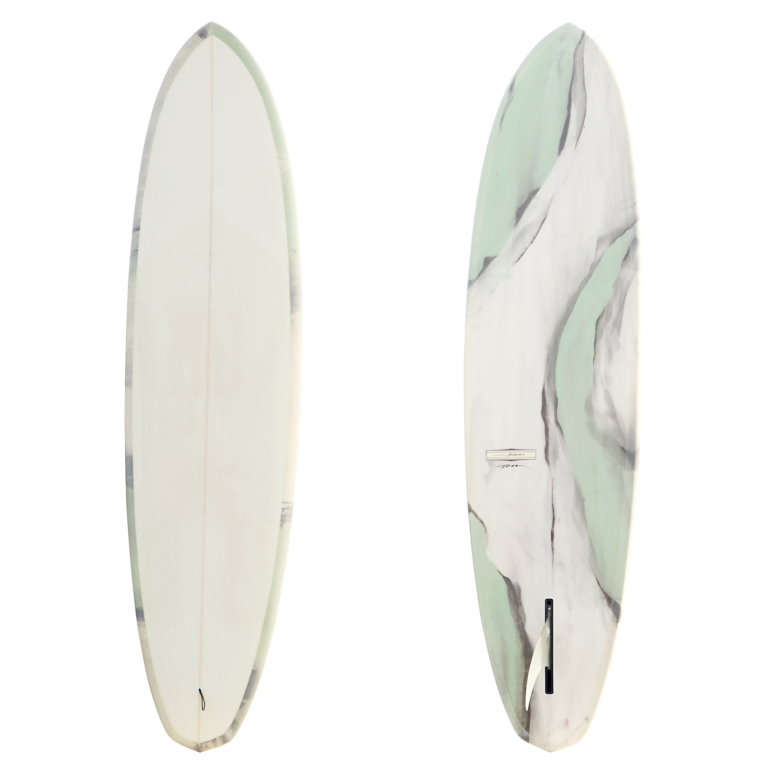 Hires_HI_YU_bonboRU_cutimage_1500x1500 - SHOP NEWS | ムラサキスポーツオンラインストア 通販 Two surfboards standing upright side by side; left board is plain white, right board has a green and white marbled pattern with darker streaks.