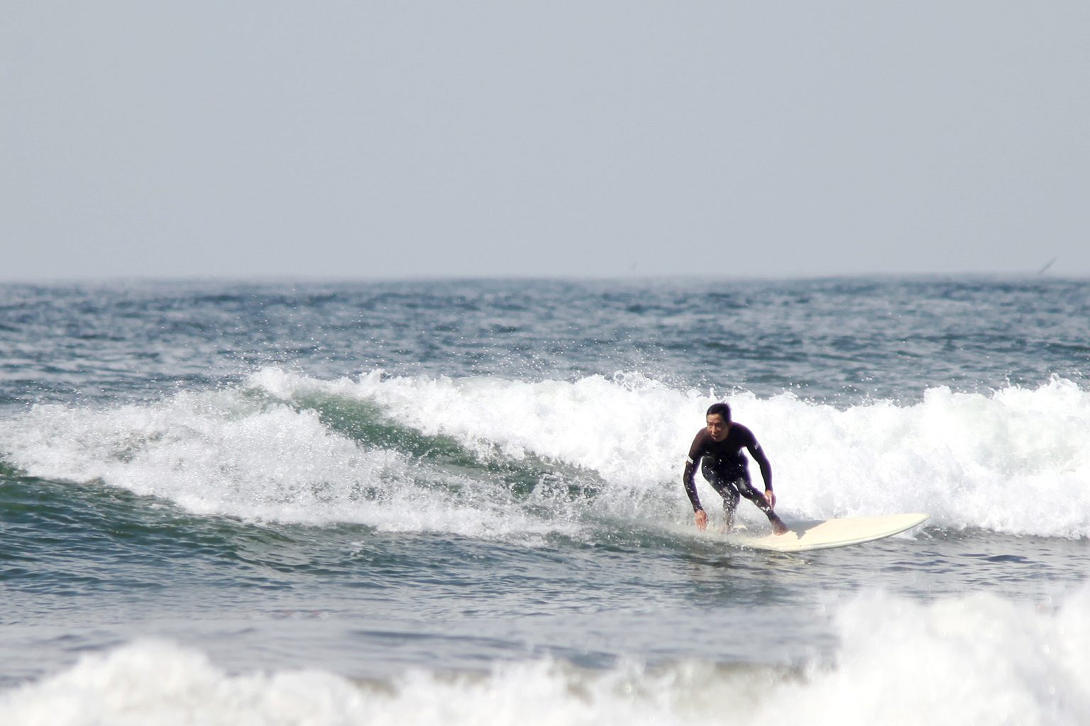 Hires_HI__RU_IMG_4836-1536x1024 - SHOP NEWS | ムラサキスポーツオンラインストア 通販 Surfer in a black wetsuit riding a light-colored board on a small breaking wave near shore.