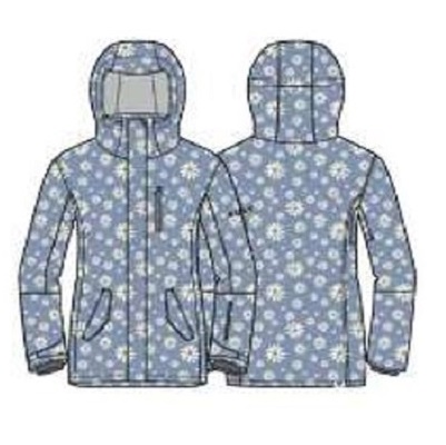 Front and back views of a blue floral hooded jacket with zipper, pockets, and cuffs, patterned with white daisies.