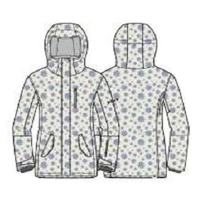 Front and back view of a hooded floral print jacket with zip closure and two pockets.