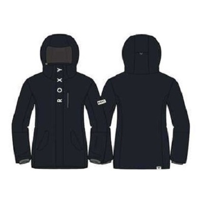 Front and back views of a dark navy hooded jacket with zipper, pockets, and a small logo patch.