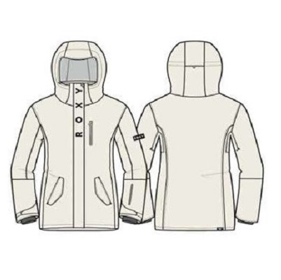 Technical illustration of a light beige hooded jacket shown from the front and back: zip front, two angled pockets, hood, and simple seam details.