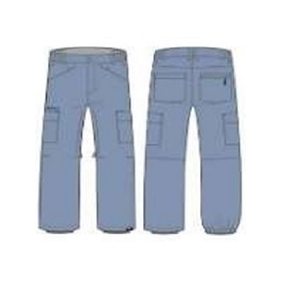 Blue cargo pants displayed from the front and back, showing multiple pockets on legs and thighs.