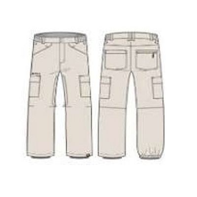 Beige cargo pants shown from the front and back with multiple utility pockets on the legs and rear.