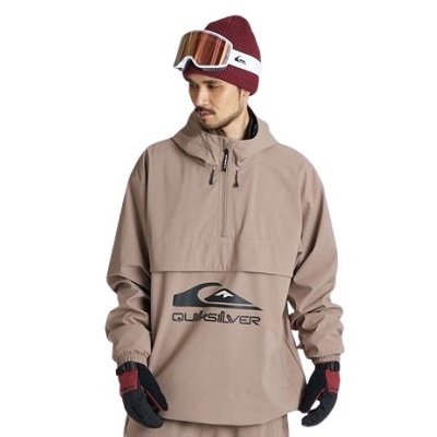 Male model wearing a beige Quiksilver pullover with hood, logo across the chest, paired with a maroon beanie, ski goggles, and gloves on a white background.