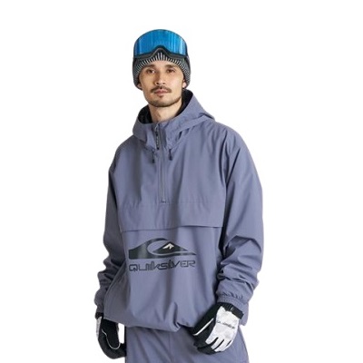 Man wearing a lavender snow jacket with a Quiksilver logo, beanie, ski goggles on head, and white gloves against a white background.