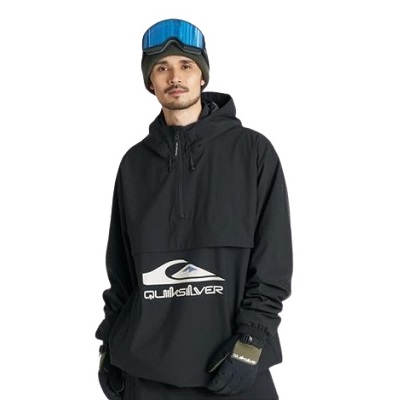 Male model wearing a black Quiksilver pullover with logo, blue ski goggles on his head, and gloves, against a white background.