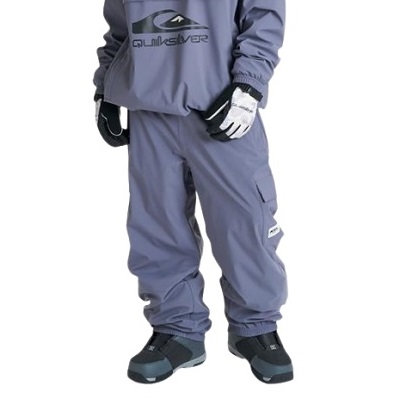 Person in blue snowboarding suit with gloves and boots, standing with hands at sides (lower body visible).