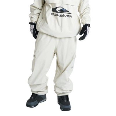 Lower half of a person in a white snowboarding suit with black gloves and dark snowboard boots.