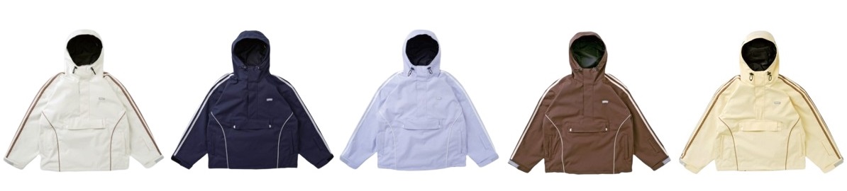Row of five hooded jackets in white, navy, light blue, brown, and cream on a white background.