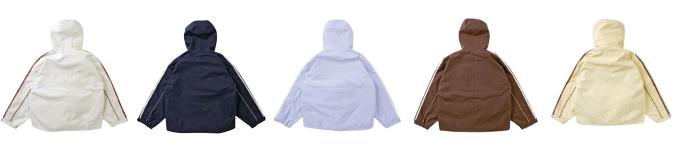 Five hooded jackets laid flat, back view, colors: ivory, navy, light blue, brown, pale yellow.