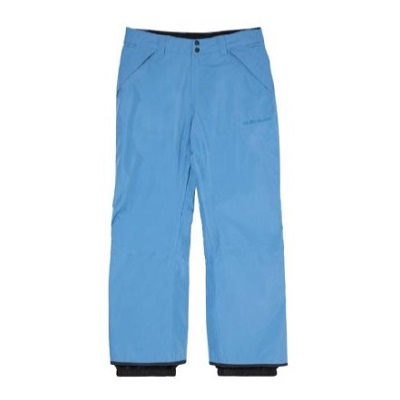 Light blue snow pants with a black waistband and cuffs, designed for winter wear.