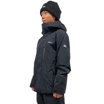 Person models wearing a dark waterproof hooded jacket, shown in side profile with a knit beanie.