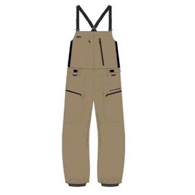 Tan bib-style snow pants with black suspenders and multiple zippered pockets at the thighs and hips