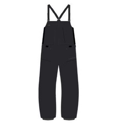 Black bib overalls with adjustable shoulder straps and pockets, full-length trousers for outdoor wear.