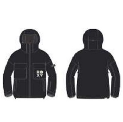 Two black hooded jackets shown from the front and back, featuring front chest pockets and subtle logo on the left chest.
