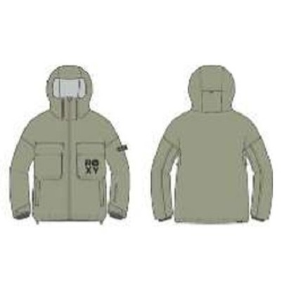 Olive-green hooded parka shown from the front and back, featuring large front pockets and a zip closure.