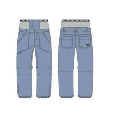 Front and back view of blue cargo pants with multiple pockets and a waistband.
