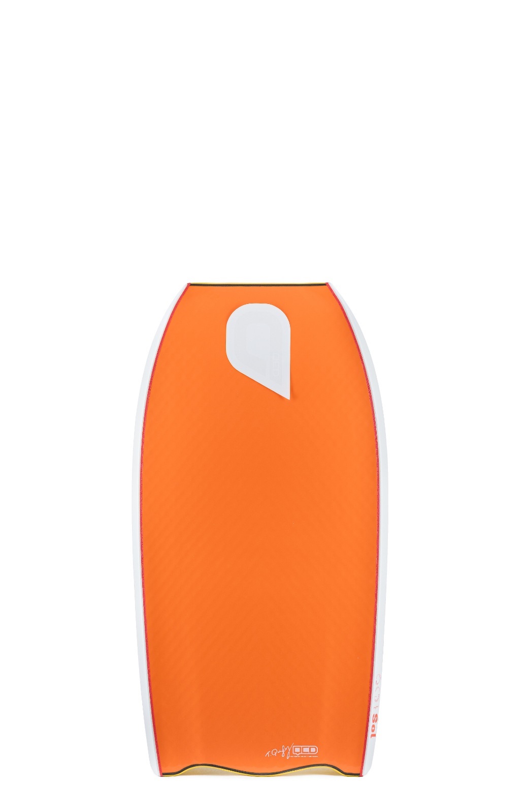 Close-up of an orange wakeboard nose with a white traction pad near the top.