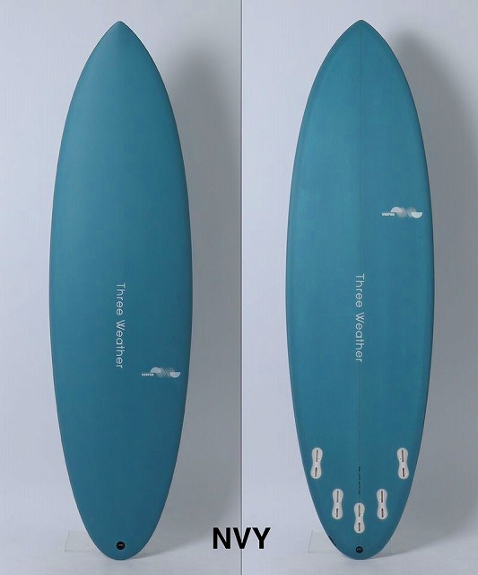 VESPER2 - SHOP NEWS | ムラサキスポーツオンラインストア 通販 Side-by-side blue teal surfboard images: left shows the deck with 'Three Weather' text; right shows the underside with multiple white fin boxes and NVY at the bottom.