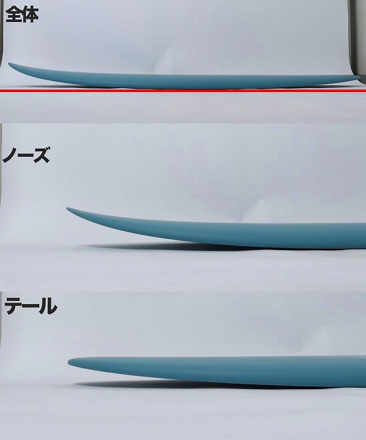 VESPER3 - SHOP NEWS | ムラサキスポーツオンラインストア 通販 Blue surfboard laid flat on white surfaces, shown in three labeled sections: overall, nose, and tail (Japanese labels).