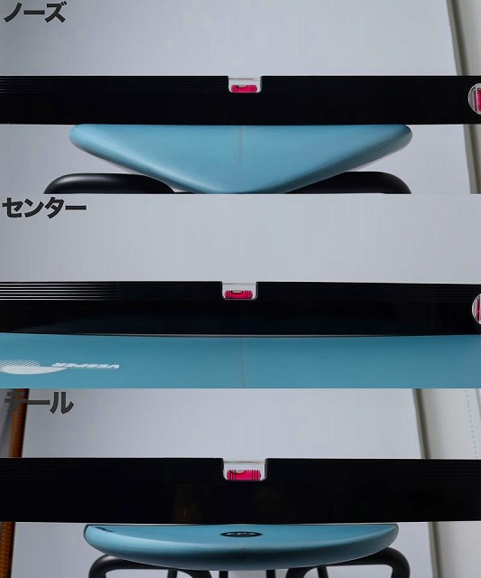 VESPER4 - SHOP NEWS | ムラサキスポーツオンラインストア 通販 Display showing sections of a surfboard (nose, center, tail) labeled in Japanese, with blue boards on display.