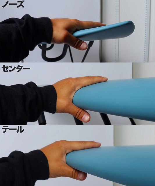 VESPER5 - SHOP NEWS | ムラサキスポーツオンラインストア 通販 Three-panel sequence showing a hand gripping a blue foam roller at the nose, center, and tail sections (top to bottom).