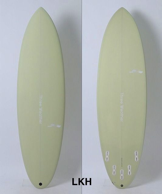 VESPER7 - SHOP NEWS | ムラサキスポーツオンラインストア 通販 Two pale-green surfboards shown side by side: deck view on the left and bottom view with fin boxes on the right; small 'Three Weather' logo along the stringer.